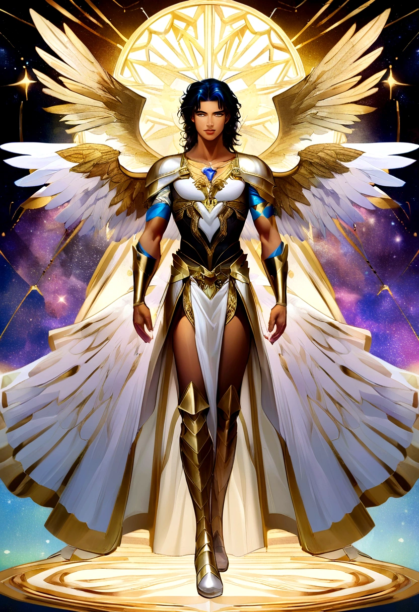 A male character, the archangel Michael, celestial image, intricate details, realisitic, PINK and big wings, angelic background, Imagem ilustrativa católica dthe archangel Michael, Male character of the Bible, Michael is wearing his angelic armor, cosmic background, Lighting on the Archangel and in the background, image of the angel&#39;s full body, Maximum detail and her angelic face and wings, pele perfeita realisitic, Maximum image quality, Miguel is highlighted in the image with strong and eye-catching colors.