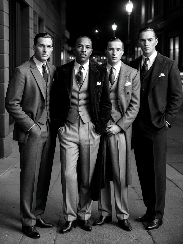 a group of 4 vintage men, old-fashioned black and white photography, sepia toned, candid street style, cinematic lighting, detailed facial features, professional studio shot, masterpiece, high resolution, photorealistic