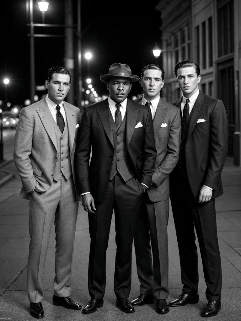 a group of 4 vintage men, old-fashioned black and white photography, sepia toned, candid street style, cinematic lighting, detailed facial features, professional studio shot, masterpiece, high resolution, photorealistic