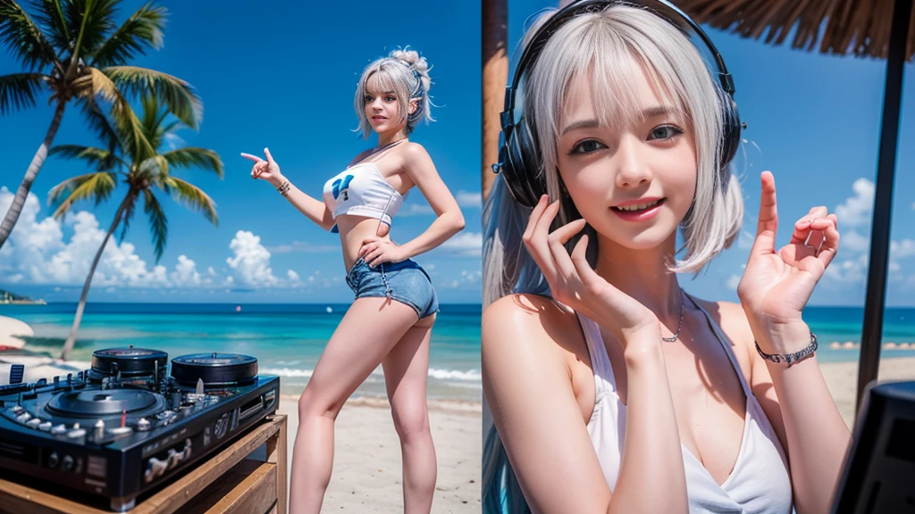 (ultra - detailed, 16K resolution, Cinema lenses, rendering by octane), (high resolution:1.18), intricate detail, (masterpiece:1.1), (highest quality:1.1), (1girl, portrait, white hair, blue eyes, short hair, detailed eyes),Wearing silver DJ headphones, Shiny silver sequined T-shirt, (in the beach:1.5), (Iconic hip-hop pop costumes:1.3), Smile while DJing on stage, DJ studio next to the beach, ((A stylish DJ stage on a hill overlooking the beach)), full body shot, Photorealistic photography by Sunshine, (cute round face:1.3), perfect fingers, five fingers, beautiful hands, perfect hands. master peace, cute smile.