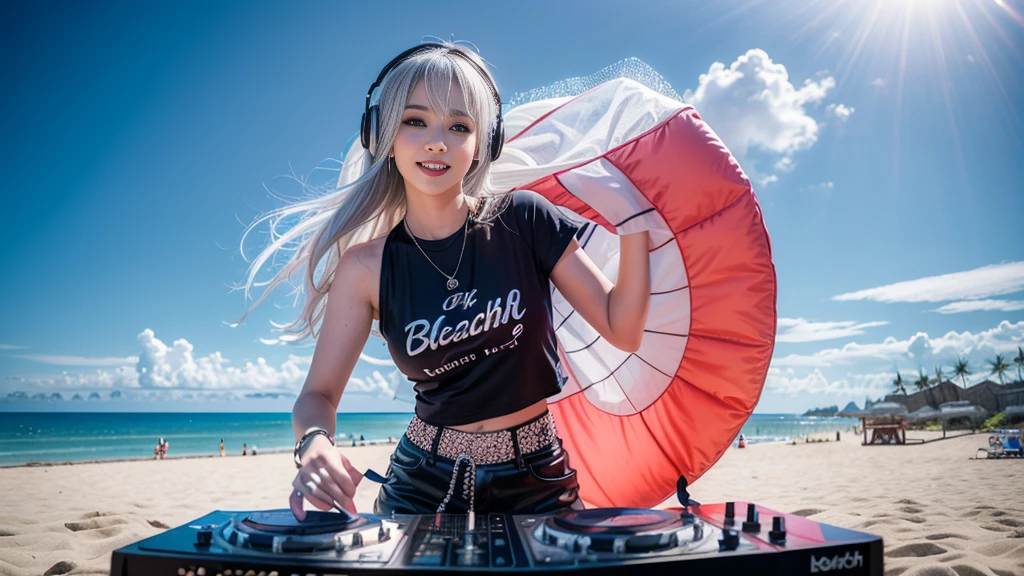 (ultra - detailed, 16K resolution, Cinema lenses, rendering by octane), (high resolution:1.18), intricate detail, (masterpiece:1.1), (highest quality:1.1), (1girl, portrait, white hair, blue eyes, short hair, detailed eyes),Wearing silver DJ headphones, Shiny silver sequined T-shirt, (in the beach:1.5), (Iconic hip-hop pop costumes:1.3), Smile while DJing on stage, DJ studio next to the beach, ((A stylish DJ stage on a hill overlooking the beach)), full body shot, Photorealistic photography by Sunshine, (cute round face:1.3), perfect fingers, five fingers, beautiful hands, perfect hands. master peace, cute smile.