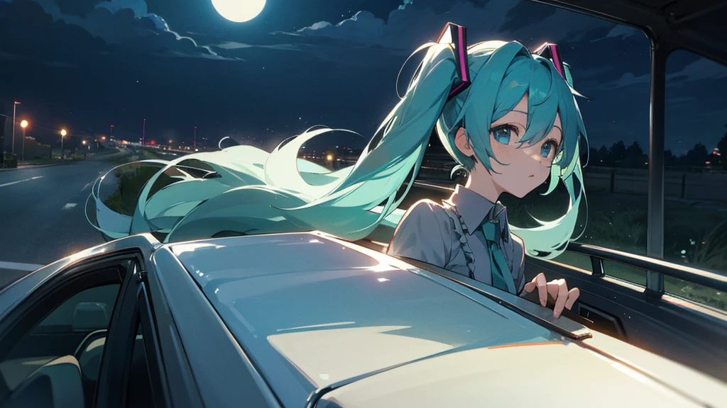 Hatsune Miku under the moonlight、A scene of driving on a quiet road