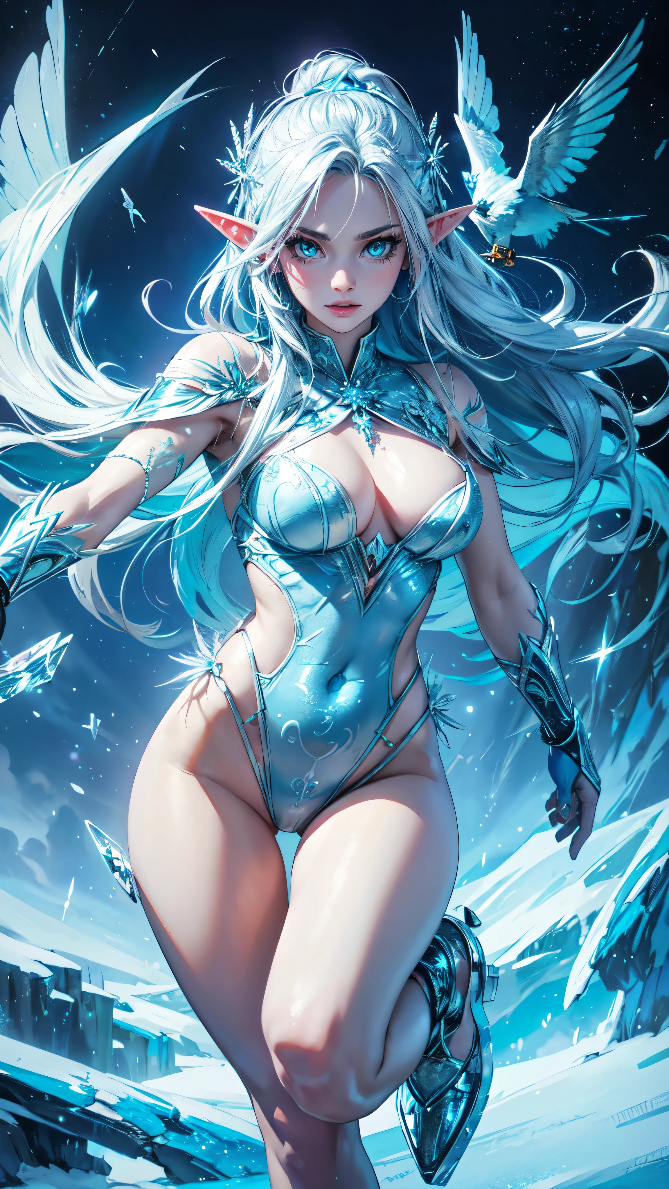 high-res, vivid colors), blue bird alien, detailed feathers, sparkling eyes, alien landscape, vibrant colors, surreal atmosphere, glowing lights, otherworldly features, intricate patterns, dreamlike scenery, Arctic Frost Ranger: A suit featuring icy blue and frosty white hues, accented with snowflake patterns and frost crystals. This Ranger commands the power of ice and cold, with abilities such as creating blizzards, forming ice constructs for defense, and freezing enemies in their tracks,detailed face, detailed eyes, detailed hands, woman,elf girl,t , full body