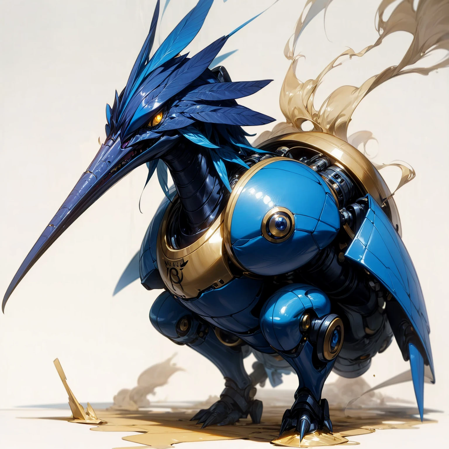 Full body version, Cassowary mixed with robotics, 100 feet tall, blue color skin, gold eyes, lighting gold eyes, Grassroots, smoke effect, lighting eyes, angry,