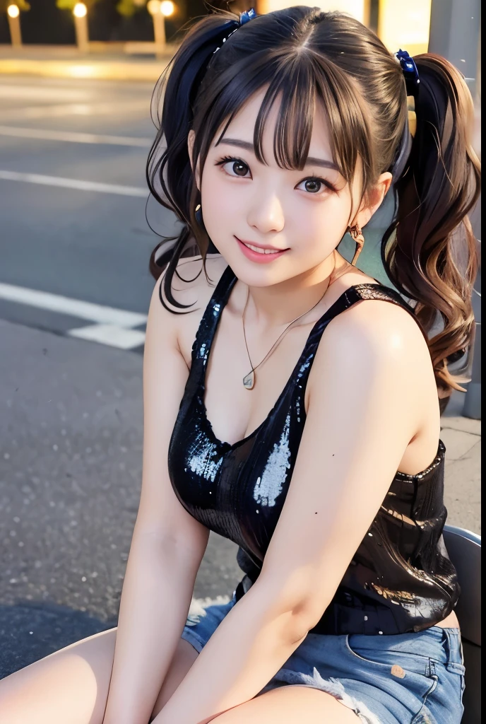 (Highest quality,masterpiece:1.3,Ultra-high resolution),(Very detailedな、Caustics) (Photorealistic:1.4, RAW shooting、)Ultra-Realistic Capture、Very detailed、Natural skin texture、masterpiece、(Sequin tank top and short denim pants:1.3)、1 Japanese girl、Adorable expression、Expressions of Happiness、、Young Face、Ssingly cute、Twin tails、Curly Hair、Black Hair、Scrunchie、Earrings、necklace、light makeup、A big bust that seems to burst、This photo was taken on a busy street at night..、Shining thighs、Sit on a bench on the sidewalk、Shooting from the side、smile、An inviting gaze、