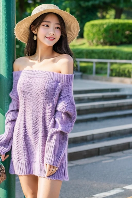Korean High School Girl、Knit dress、Off the shoulder