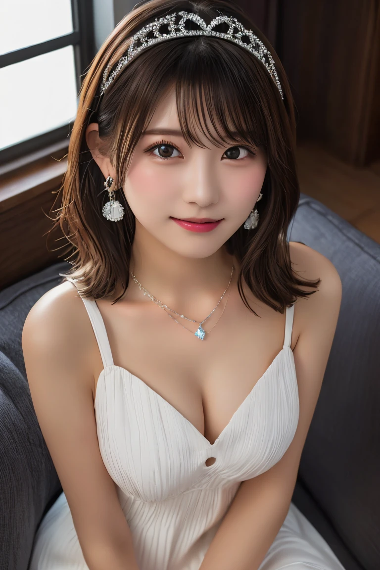 Highest quality, (beautiful)、A flashy black mini dress with shoulder straps、Larger 、Brown Hair、looking at the camera、Sit on the sofa、Close-up、pub、tiara、necklace、Earrings、night、Dark Room、Dim lighting、No windows、smile、Shoot from above、Bend one leg