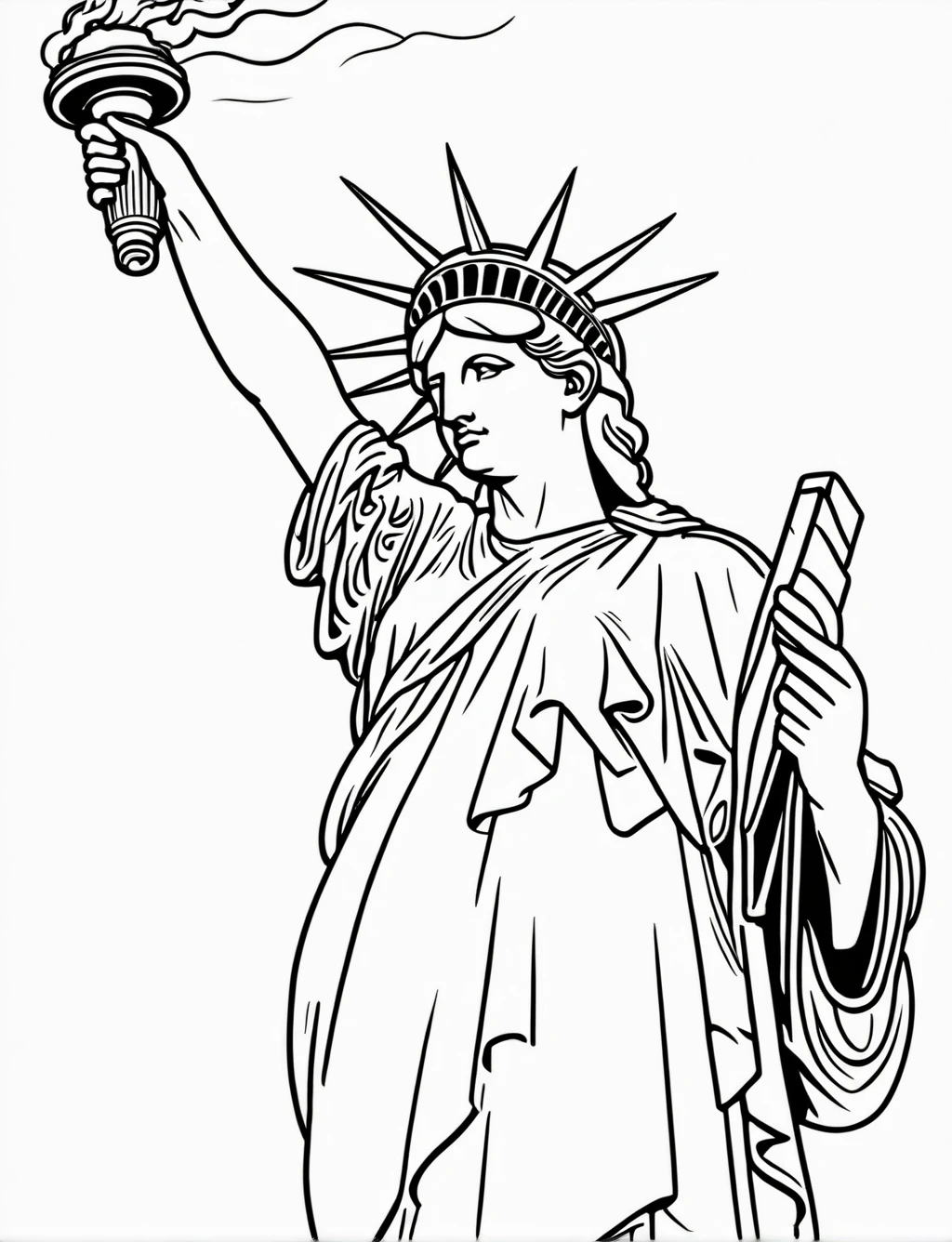 ((The Statue of Liberty holding her torch high)), (black and white), (masterpiece), (coloring page), line art drawing, graphic, (simple line art), vector graphics, Clear and Distinct Lines, Varied Line Weights, Smooth curves, Bold outlines, Crisp shapes