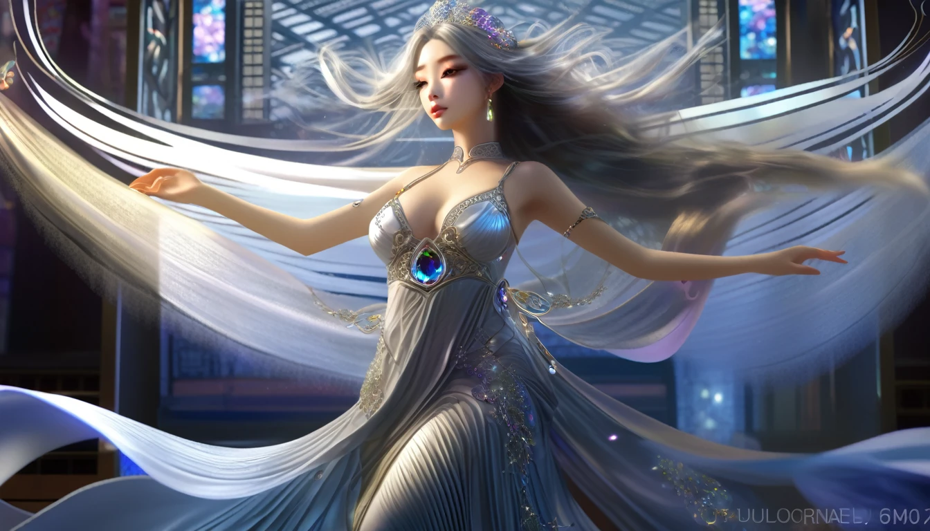 Woman in transparent dress,Viewer,(((Full breasts, Keeley University))),Slim waist,(Navel exposed,Bare waist), Long hair, extreme detailed details, Detailed fantasy art, Stunning character art, Beautiful and exquisite character art, Beautiful transparent dress, Very detailed, Girl wearing flowing Hanfu, Exquisite headpieces and jewellery,Crystal jewelry filigree, galaxy, Stunning visuals, (Dynamic Stripes, light rail:1.2), Vibrant colors,Long hair动漫女孩和狐狸, 美丽的白金色Angel女士, 白毛Angel, Beautiful character painting, Beautiful anime portrait, Angel翅膀的女孩, a beautiful Angel woman, Mystical artwork, Guweiz, by Ren Renfa, Angel, Large Breasts，Full breasts，Golden ratio figure，Perfect body，Ultra wide-angle shooting，Full body shot，Body close-up，Full body shot，Wearing a pleated tulle skirt，Soft anime illustration, Soft dark background，Fujifilm XT3 Clear focus, f 5.6, High Detail, Clear focus, Dramatic, (Wearing openwork clothing), (Looking at the audience:1.8), (Natural light), (Tempting)translucent, Good velvet quality, Compared, Divine Light,, Silver gray hair, Sky background, Absolute Strength,女性Angel，Girl in sexy silk,，Large Breasts，Full breasts，Golden ratio figure，Perfect body，Ultra wide-angle shooting，Full body shot，Body close-up，Full body shot， Wearing a tulle dress, Model shooting style, Large Breasts，Full breasts，Golden ratio figure，Perfect body，(Extremely detailed CG 8k wallpaper unit), The most beautiful artistic photos in the world, , 8K Ultra HD, ) On the big white bed，Lazy gesture，Charming and seductive expression，best quality,masterpiece,Ultra-high resolution,(Practical:1.4),original photo,Ultra-high resolution，White skin，Exquisite makeup，Long legs，Bright beautiful eyes，用深色眼影打造Exquisite makeup，