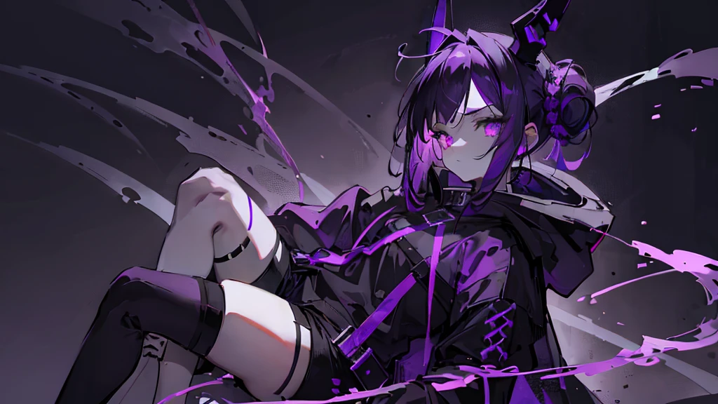boy. thoughtful look. open forehead. black and purple hair tied in a bun on the left side to one side. sinuous black horns wrapped in dark purple ribbon. pale violet eyes. in short dark purple shorts. long white T-shirt. dark purple knee-high socks. dark purple long cloak with hood