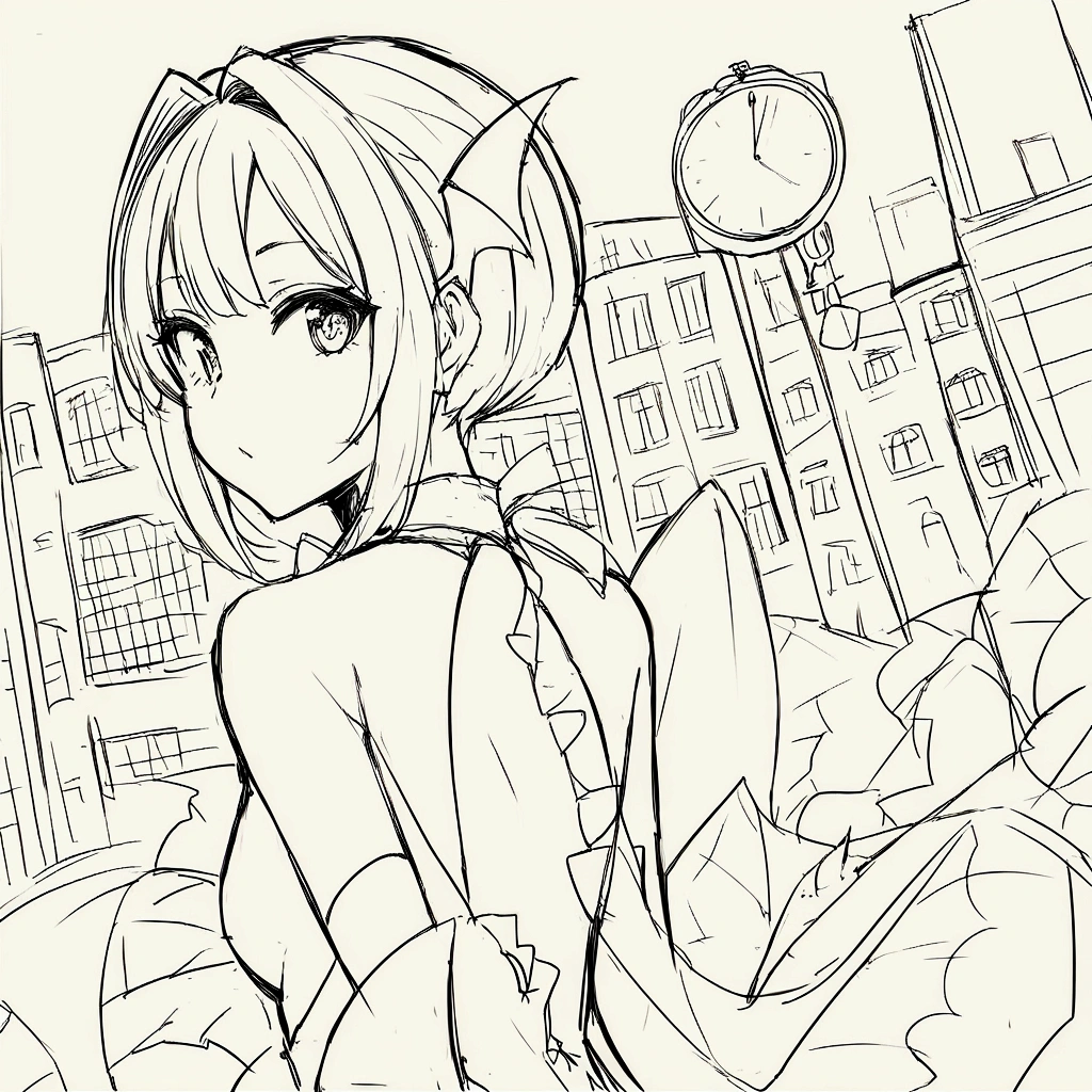 score_9,score_8_up,score_7_up,score_6_up,score_5_up,source_anime,sketch,lineart BREAK 1girl,solo,succubus,Bustling city,night,