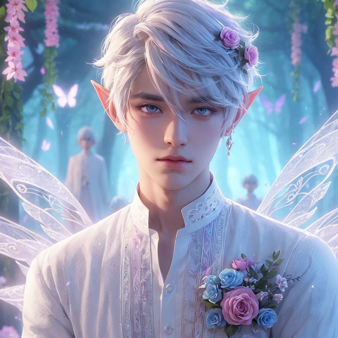 Handsome boy, white hair, white eyes, wearing pink and light blue flower crown, wearing white barong tagalog, elf ear, "surrounded by light blue, pink, and purple light, magic forest background