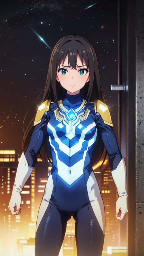 (masterpiece、Highest quality、In 8K、High resolution:1.2)、alone、One Girl、 Rin Shibuya、Tight clothes、Cowboy Shot、Hero Suit、Bodysuits、Tight suit、Trained abdominal muscles、Trained biceps、(Hmph :1.0）、 青いウルトラマンBodysuits、Shining jewel on the chest、（building:1.2)、Night Scenery