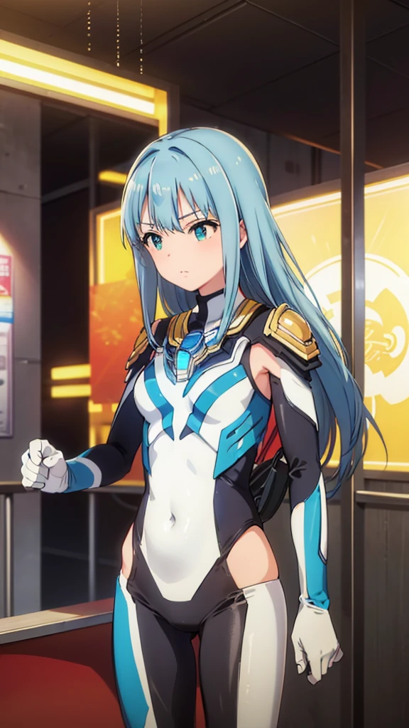 (masterpiece、Highest quality、In 8K、High resolution:1.2)、alone、One Girl、 Rin Shibuya、Tight clothes、Cowboy Shot、Hero Suit、Bodysuits、Tight suit、Trained abdominal muscles、Trained biceps、(Hmph :1.0）、 青いウルトラマンBodysuits、Shining jewel on the chest、（building:1.2)、Night Scenery