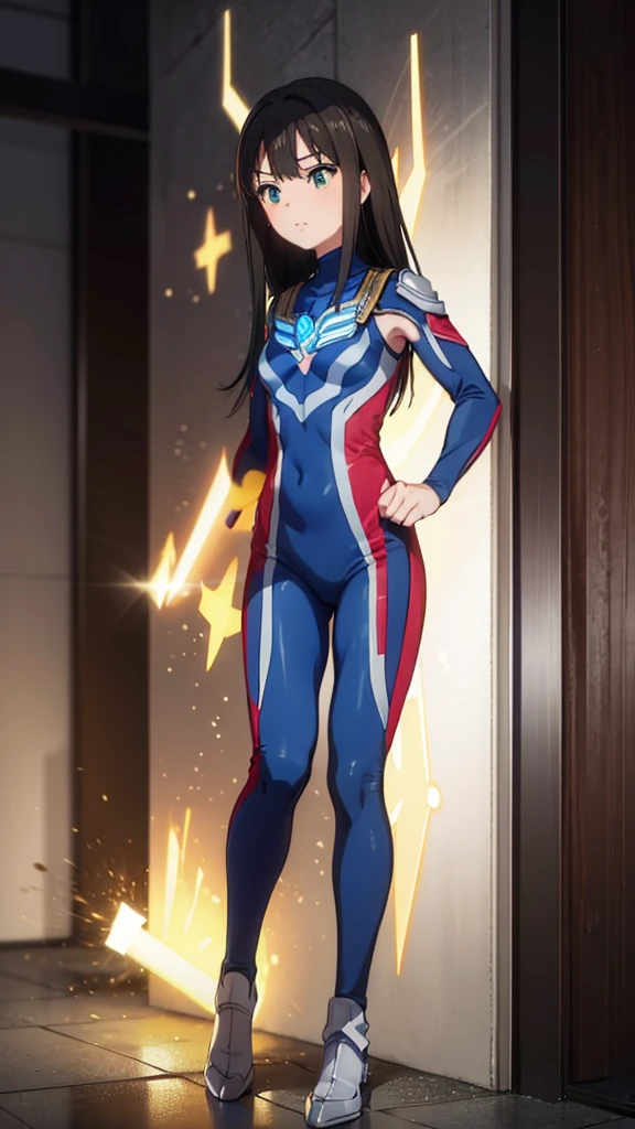 (masterpiece、Highest quality、In 8K、High resolution:1.2)、alone、One Girl、 Rin Shibuya、Tight clothes、Cowboy Shot、Hero Suit、Bodysuits、Tight suit、Trained abdominal muscles、Trained biceps、(Hmph :1.0)、 青いウルトラマンBodysuits、Shining jewel on the chest、(building:1.2)、Night Scenery