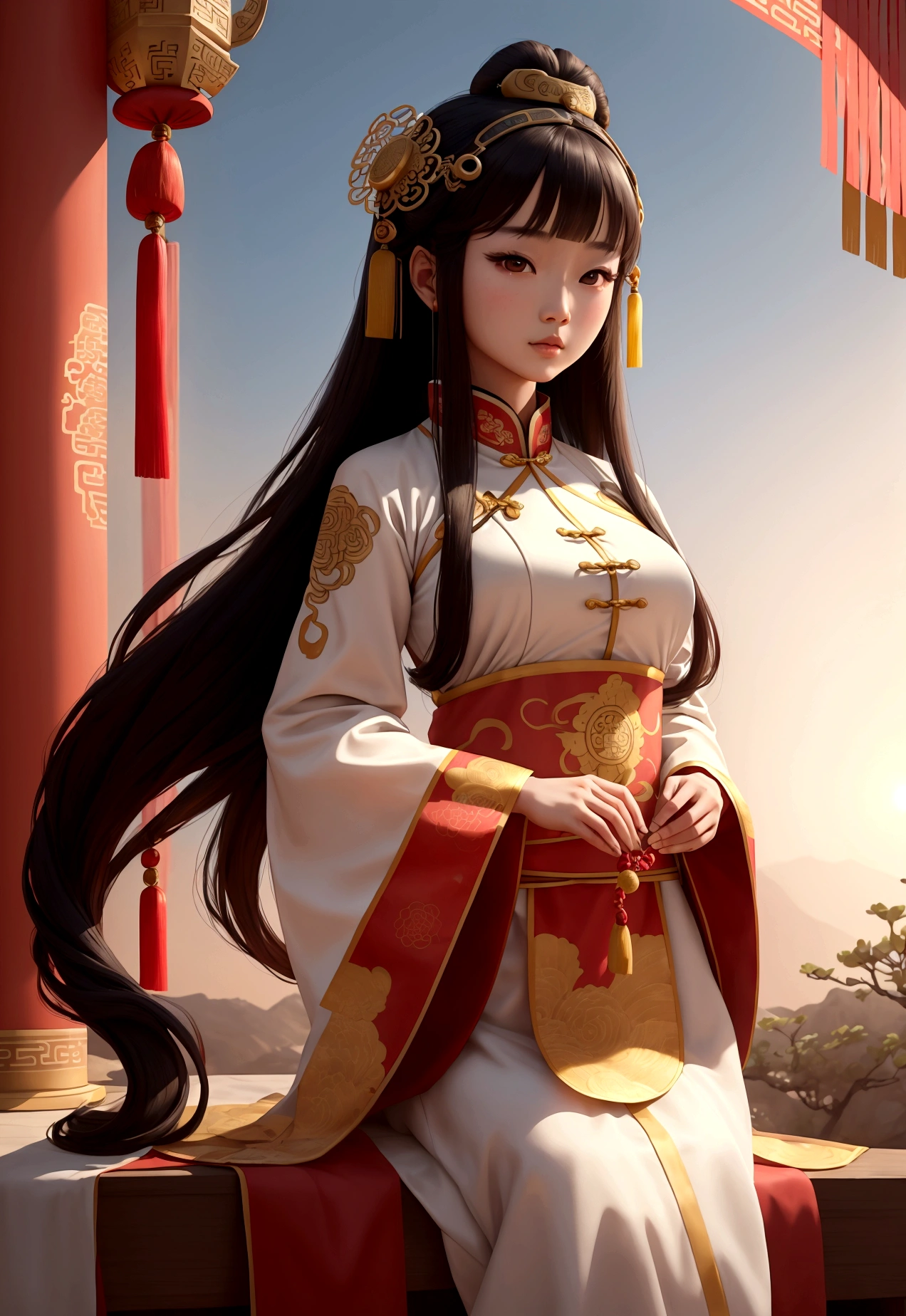 girl, ancient chinese costume, whole body, sunlight, Clear Face, Clean white background, masterpiece, Super detailed, A magnificent composition, Ultra HD, high quality, Very detailed, Official Art, Uniform 8k wallpaper, Super detailed, 32K Super long straight hair