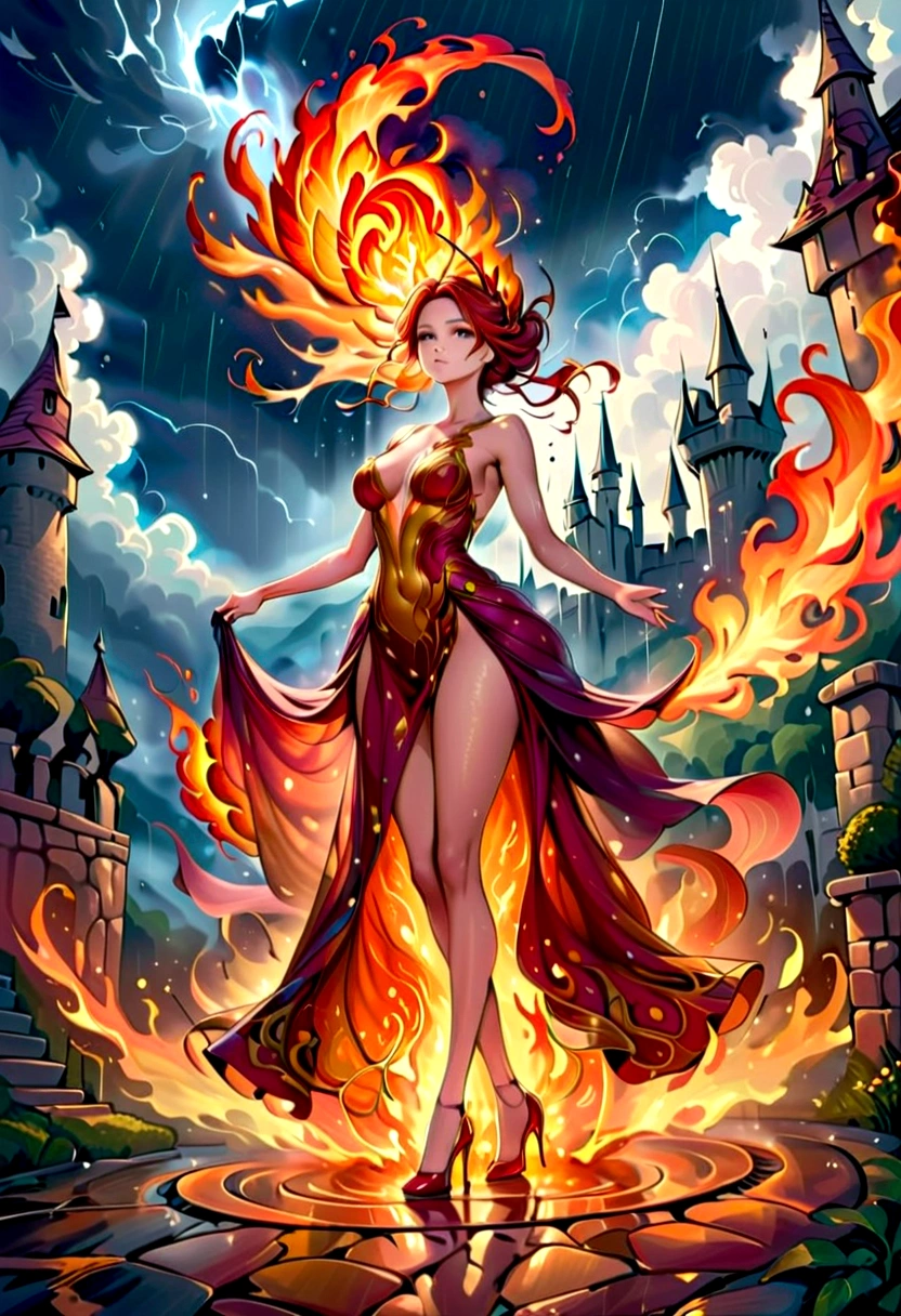 a sorceress of fire making fire dance in a the (storm of rain: 1.3), a most exquisite beautiful sorceress, controlling fire manipulating fire, a woman, dynamic hair color, dynamic hair style, (most beautiful face: 1.3), (ultra detailed face: 1.2), wet hair, wet face, dynamic eyes color, full body shot, wearing dress made of fire, wearing intricate high heels, light make up, dancing in courtyard of a fantasy castle, ((heavy rain drops: 1.1)), clouds in the sky, (anatomically correct: 1.4), (full body shot: 1.1) , vibrant, Ultra-high resolution, High Contrast, (masterpiece:1.5), highest quality, Best aesthetics), best details, best quality, highres, ultra wide angle, 16k, [ultra detailed], masterpiece, best quality, (extremely detailed), firecd_xl, phoenix dress, fireMagicAI