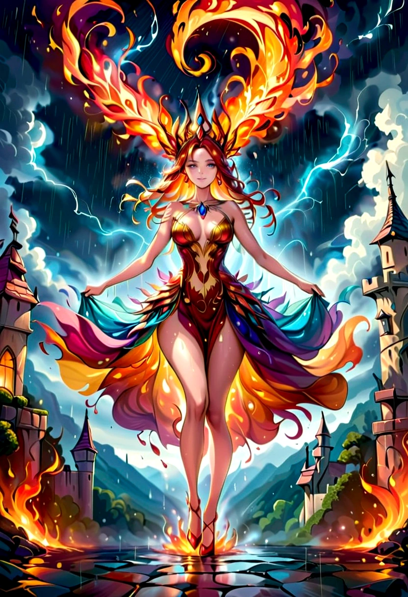 a sorceress of fire making fire dance in a the (storm of rain: 1.3), a most exquisite beautiful sorceress, controlling fire manipulating fire, a woman, dynamic hair color, dynamic hair style, (most beautiful face: 1.3), (ultra detailed face: 1.2), wet hair, wet face, dynamic eyes color, full body shot, wearing dress made of fire, wearing intricate high heels, light make up, dancing in courtyard of a fantasy castle, ((heavy rain drops: 1.1)), clouds in the sky, (anatomically correct: 1.4), (full body shot: 1.1) , vibrant, Ultra-high resolution, High Contrast, (masterpiece:1.5), highest quality, Best aesthetics), best details, best quality, highres, ultra wide angle, 16k, [ultra detailed], masterpiece, best quality, (extremely detailed), firecd_xl, phoenix dress, fireMagicAI