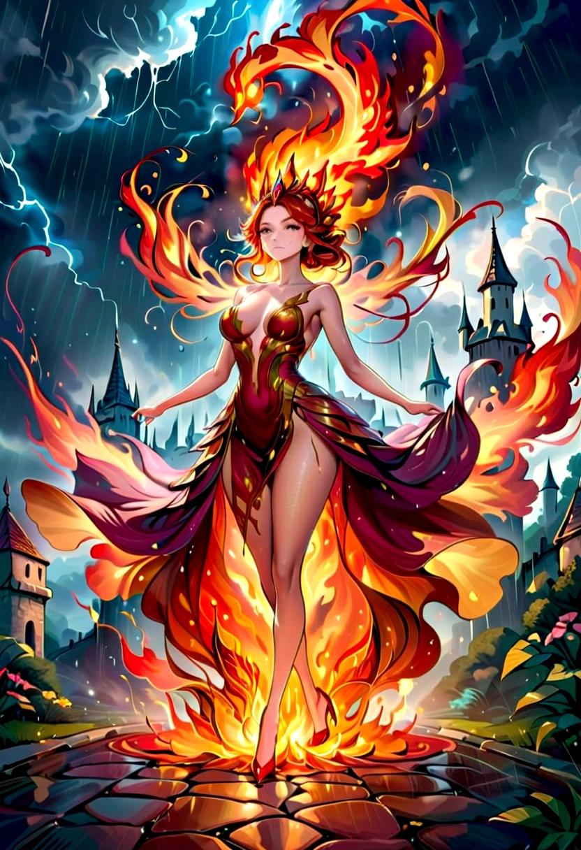 a sorceress of fire making fire dance in a the (storm of rain: 1.3), a most exquisite beautiful sorceress, controlling fire manipulating fire, a woman, dynamic hair color, dynamic hair style, (most beautiful face: 1.3), (ultra detailed face: 1.2), wet hair, wet face, dynamic eyes color, full body shot, wearing dress made of fire, wearing intricate high heels, light make up, dancing in courtyard of a fantasy castle, ((heavy rain drops: 1.1)), clouds in the sky, (anatomically correct: 1.4), (full body shot: 1.1) , vibrant, Ultra-high resolution, High Contrast, (masterpiece:1.5), highest quality, Best aesthetics), best details, best quality, highres, ultra wide angle, 16k, [ultra detailed], masterpiece, best quality, (extremely detailed), firecd_xl, phoenix dress, fireMagicAI