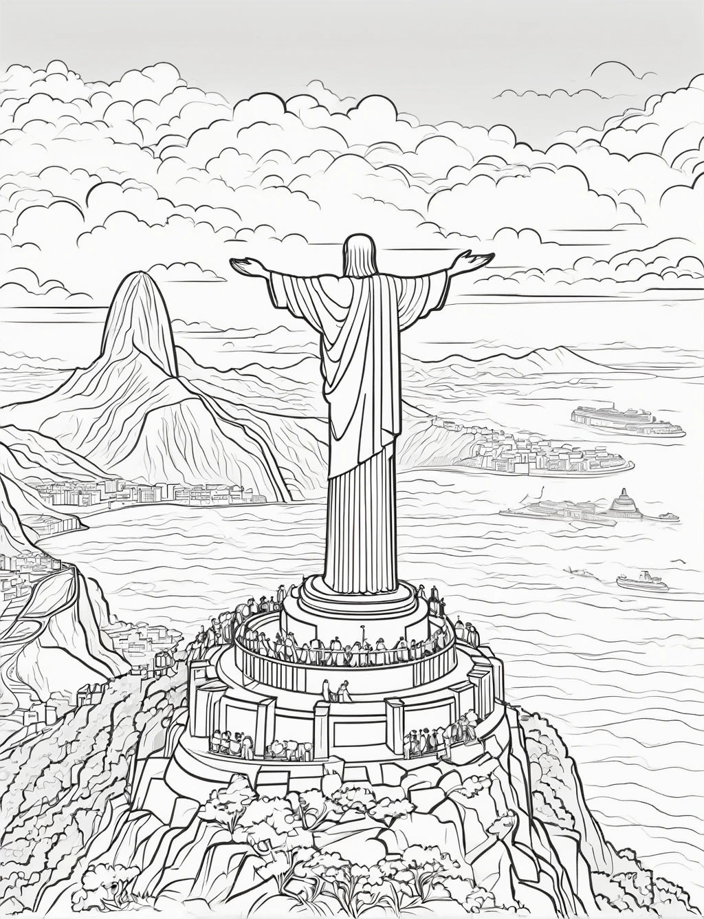 ((The statue of Christ the Redeemer overlooking Rio de Janeiro with a few clouds in the sky)), (black and white), (masterpiece), (coloring page), line art drawing, graphic, (simple line art), vector graphics, Clear and Distinct Lines, Varied Line Weights, Smooth curves, Bold outlines, Crisp shapes