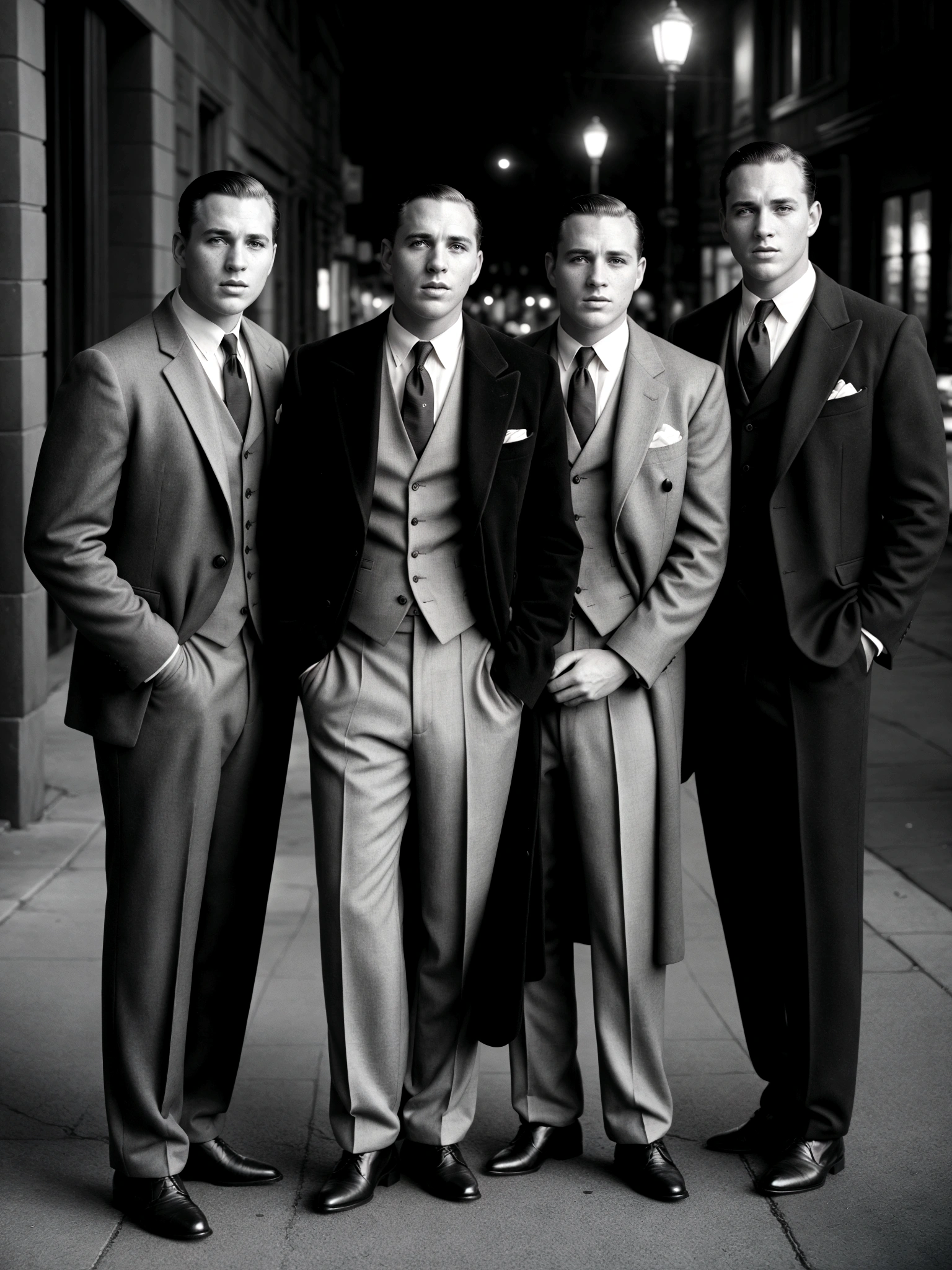 a group of 4 vintage men, old-fashioned black and white photography, sepia toned, candid street style, cinematic lighting, detailed facial features, professional studio shot, masterpiece, high resolution, photorealistic