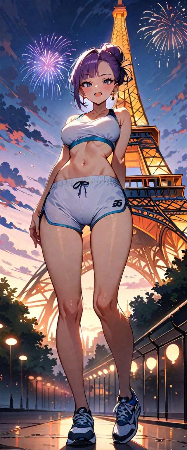 (masterpiece, best quality:1.2), solo, Android 18 from Dragon Ball, ((white crop sport bra)), (white short dolphin shorts, thigh gap), medium breasts, short purple hair loose, ((black eyes)), earrings on earlobes, slender feminine figure, narrow waistline, skinny body, head tilt, looking at viewer, blush, crossed arms, standing, the Eiffel Tower, outside, natural lighting and shadows, magnificent view, blur background, 4K, open mouth, smile, full body, newbalance shoes, fireworks, sky, blunt bangs, single hair bun, from below,