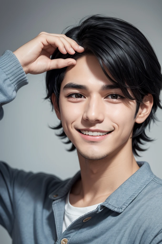 Boy with black hair wearing a happy mask and taking it off with a sad face