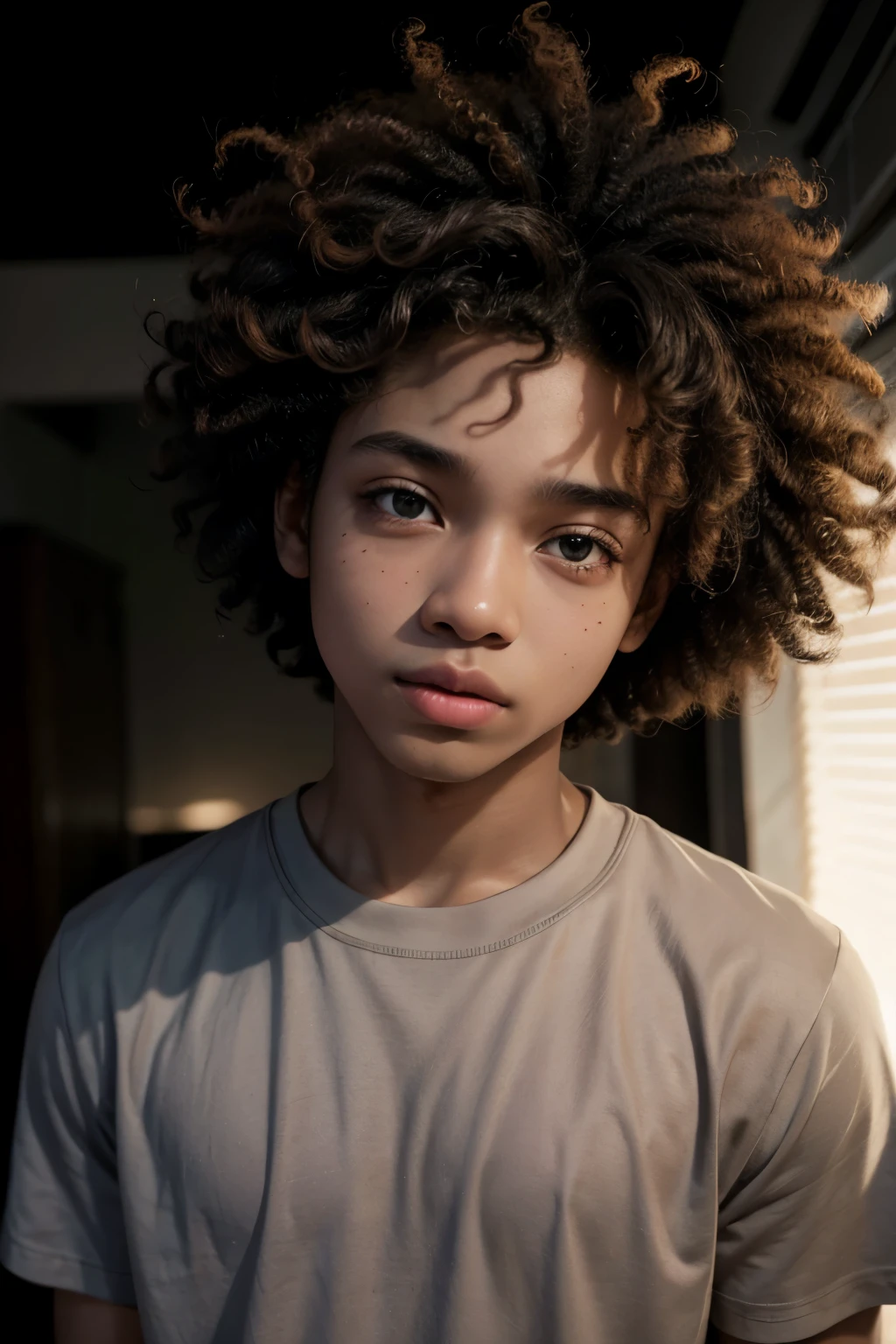 1 black boy, FjU shirt, star eye, blush, perfect lighting, afro curly hair, Light brown eyes, engine unreal, side lighting, face detailed, shining skin, simple background, darkness background