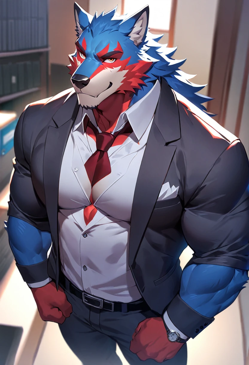 fenrir, wolf, 1boys, male, solo, dark blue fur, muscular, big tits, pecs, cool face, red body scars, middle aged, office attire, black tie, standing, front angle, office background