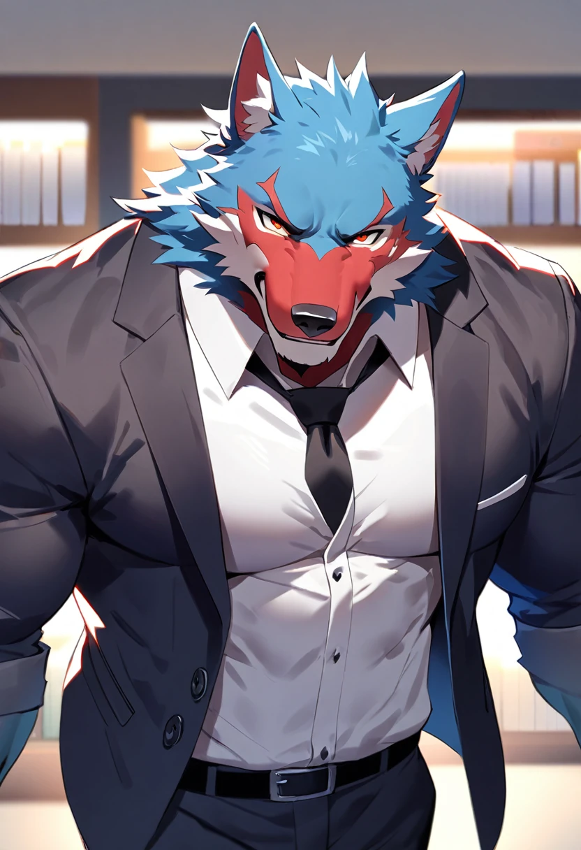 fenrir, wolf, 1boys, male, solo, dark blue fur, muscular, big tits, pecs, cool face, red body scars, middle aged, office attire, black tie, standing, front angle, office background