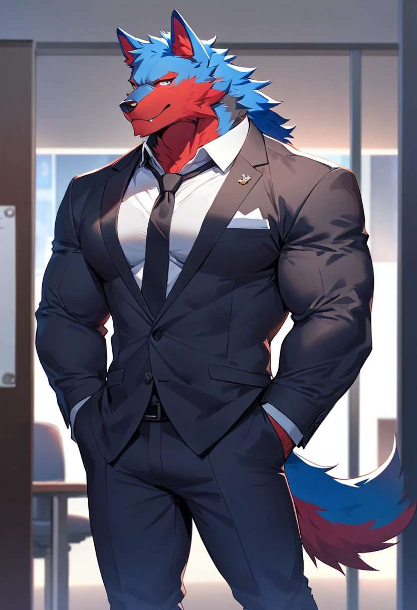 fenrir, wolf, 1boys, male, solo, dark blue fur, muscular, big tits, pecs, cool face, red body scars, middle aged, office attire, black tie, standing, front angle, office background