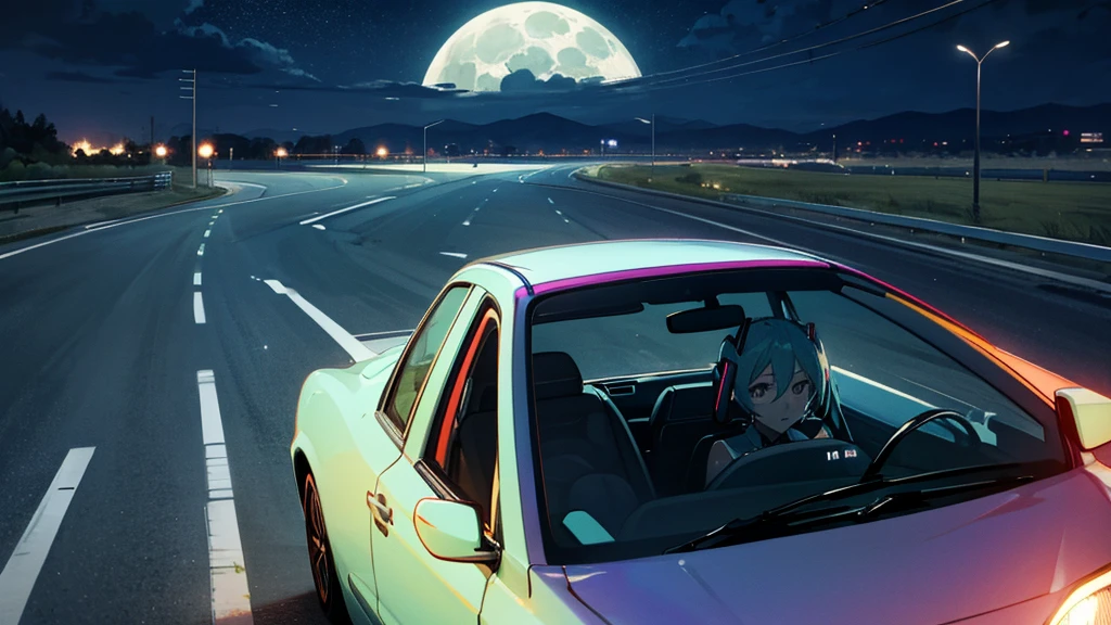 Hatsune Miku under the moonlight、A scene of driving on a quiet road