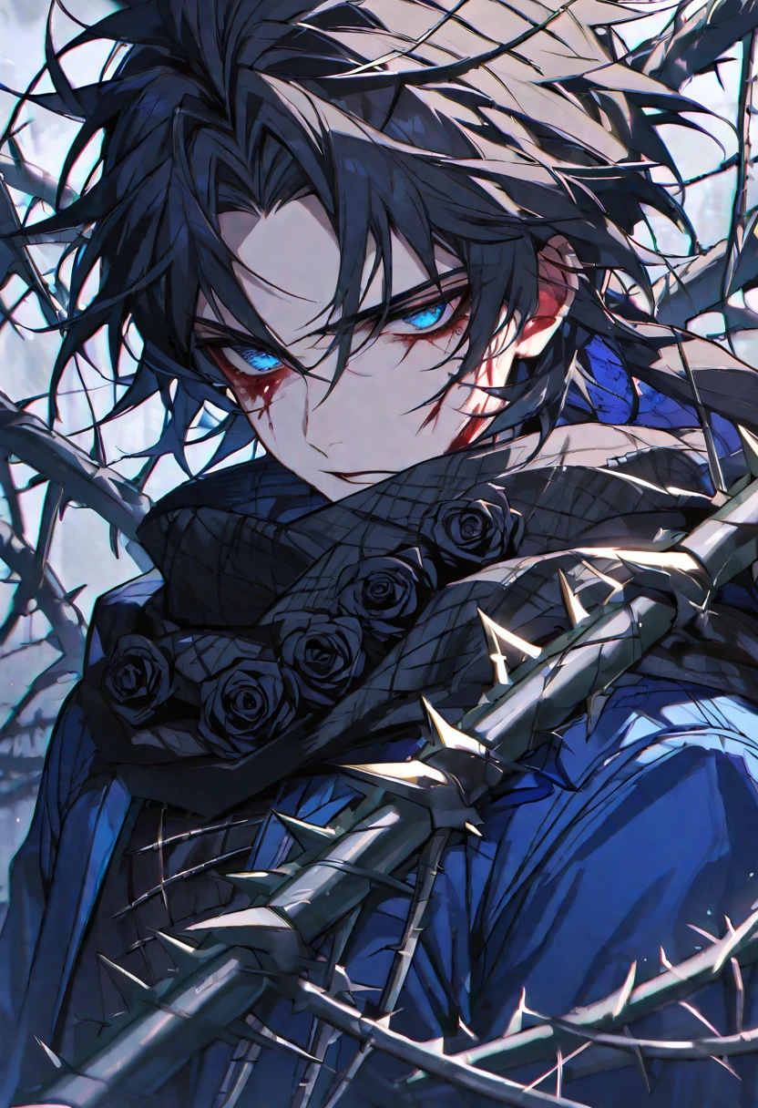 Solo, male, black hair, blue eyes, blue coat, black scarf, black roses, thorns, blood