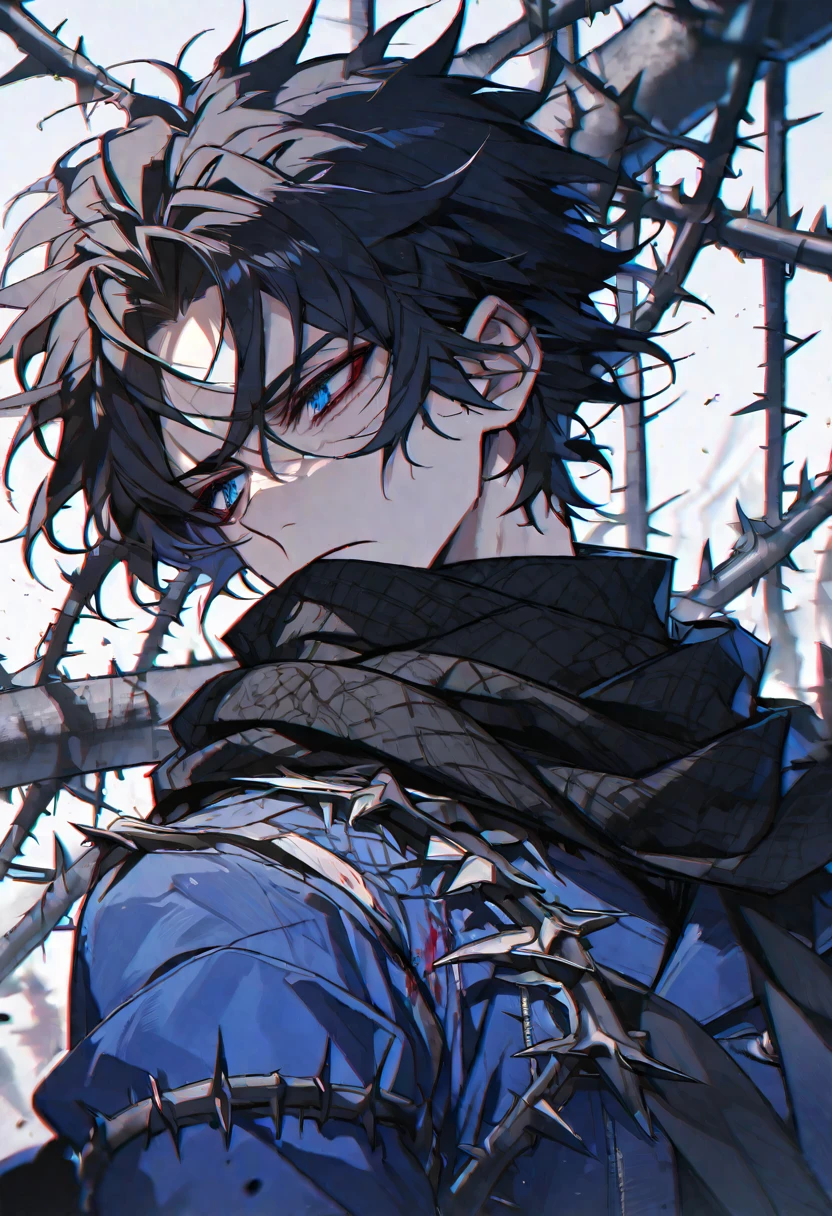 Solo, male, black hair, blue eyes, blue coat, black scarf, black roses, thorns, blood