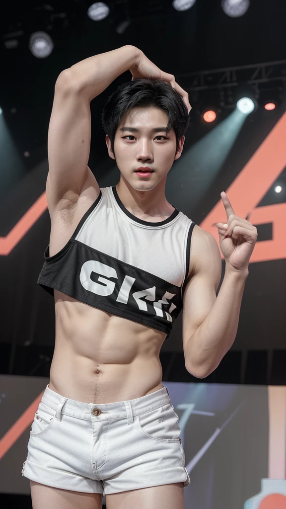 Korean boy
Beautiful
V 
 face
Kpop idol
17 years old
 Short White and black hair
Sixpack
Famous
On stage
Long shorts
Man body
Gay 