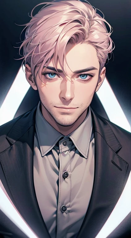 (best quality,4k,8k,highres,masterpiece:1.2),ultra-detailed,(realistic,photorealistic,photo-realistic:1.37),1 man,31 years old,mature man,very handsome,without expression,smile,short grey pink hair,blue eyes,penetrating gaze,perfect face without errors,imposing posture,businessman,office background,cinematic lighting,hdr image