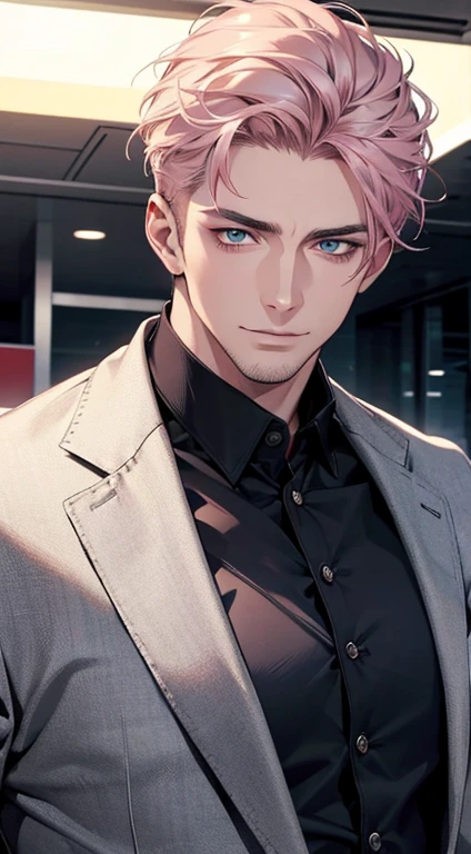 (best quality,4k,8k,highres,masterpiece:1.2),ultra-detailed,(realistic,photorealistic,photo-realistic:1.37),1 man,31 years old,mature man,very handsome,without expression,smile,short grey pink hair,blue eyes,penetrating gaze,perfect face without errors,imposing posture,businessman,office background,cinematic lighting,hdr image