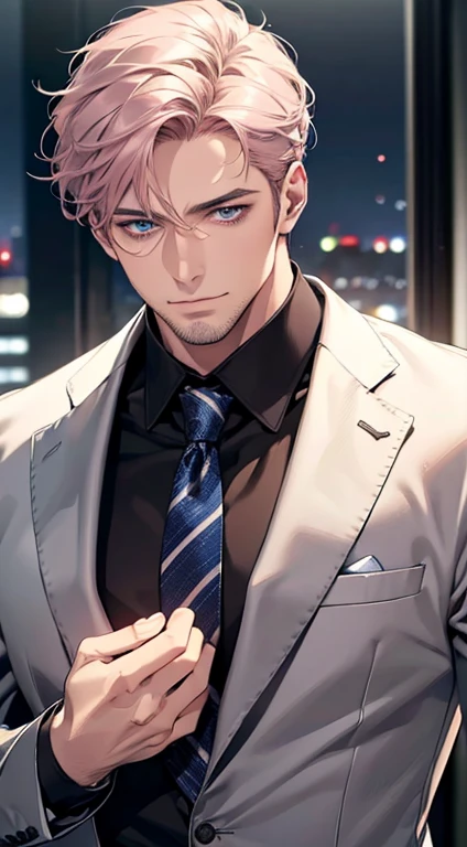 (best quality,4k,8k,highres,masterpiece:1.2),ultra-detailed,(realistic,photorealistic,photo-realistic:1.37),1 man,31 years old,mature man,very handsome,without expression,smile,short grey pink hair,blue eyes,penetrating gaze,perfect face without errors,imposing posture,businessman,office background,cinematic lighting,hdr image