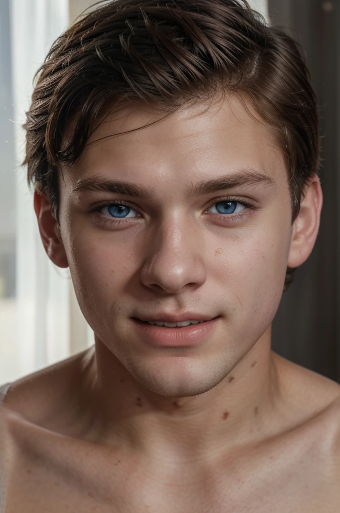 18 year old white male, blue eyes, medium hairstyle, boy next door attractive, warm smile, full body portrait, natural lighting, high quality, photo-realistic, cinematic, detailed facial features, detailed eyes, detailed nose, detailed lips, detailed skin texture, boy outfit, clean background, warm color tones, cozy atmosphere, studio lighting, 8k, masterpiece