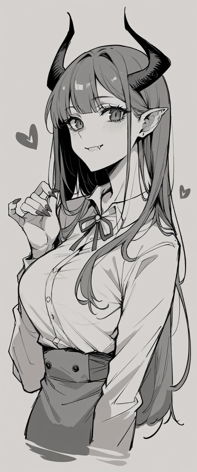details face, line drawing, monochrome, line drawing, skirt, gray hair, white background、cleavage、smile