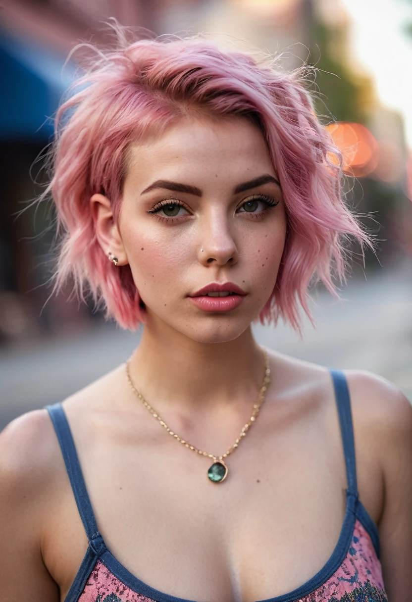 gritty candid raw full-body photo of a young 20-year-old beautiful woman, big lips, full body, high cheekbones, playful, American, busty, short pink hair, realistic skin texture, very tall and athletic, boho-chic, flawed skin, shot with Sony Alpha A6500 1.4f, bokeh, highly detailed, masterpiece