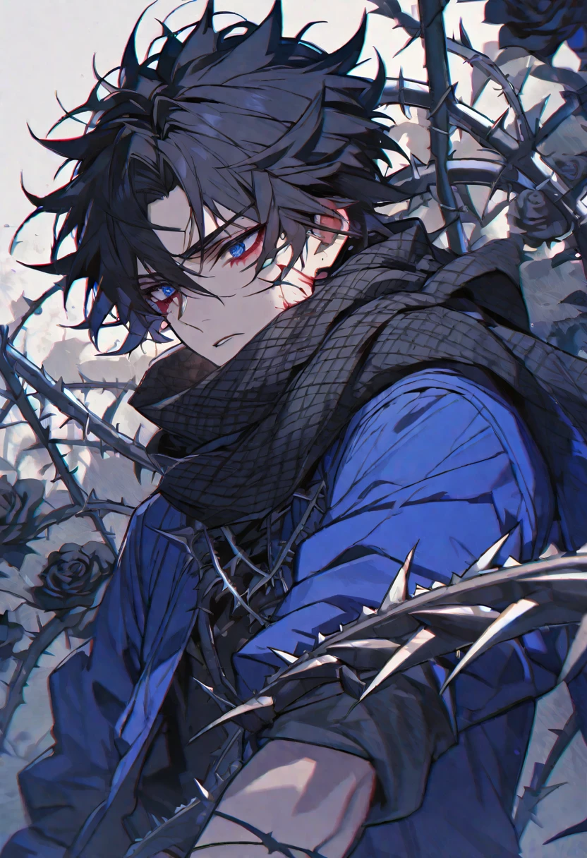 Solo, male, black hair, blue eyes, blue coat, black scarf, black roses, thorns,