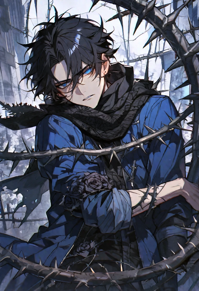 Solo, male, black hair, blue eyes, blue coat, black scarf, black roses, thorns, blood