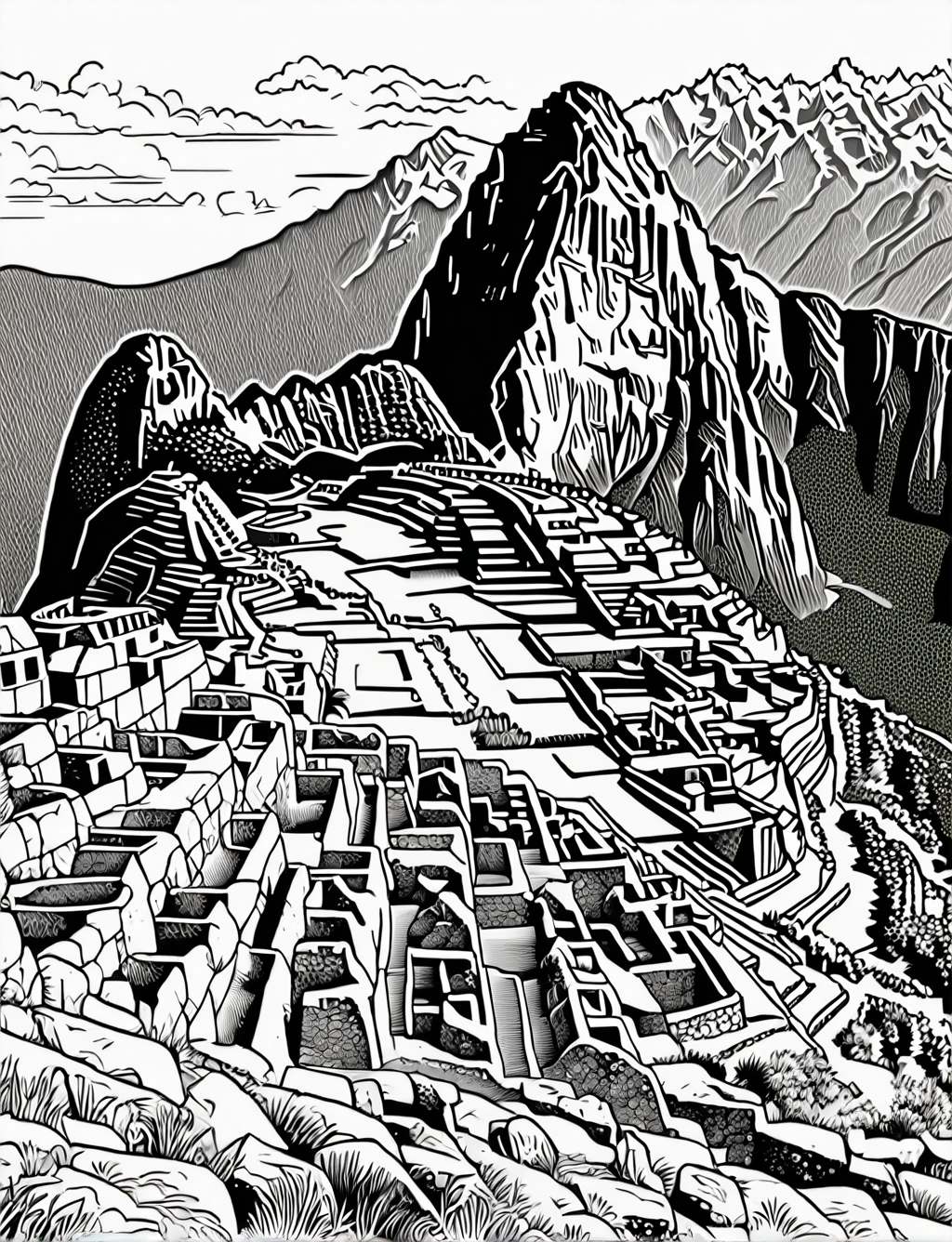 ((ruins of Machu Picchu)), (black and white), (masterpiece), (coloring page), line art drawing, graphic, (simple line art), vector graphics, Clear and Distinct Lines, Varied Line Weights, Smooth curves, Bold outlines, Crisp shapes