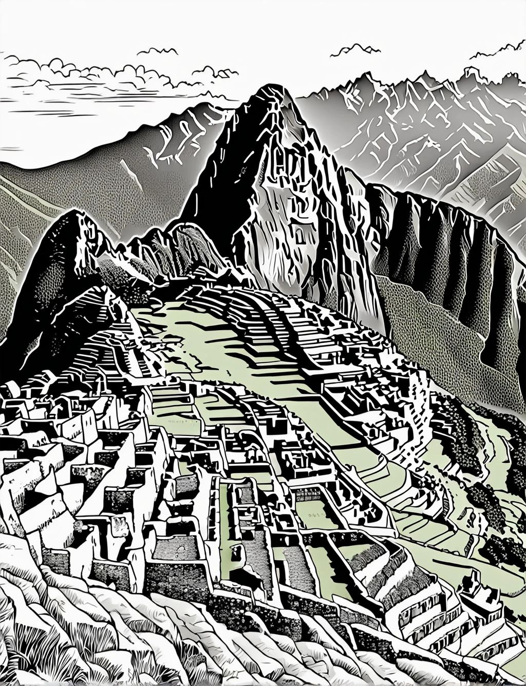 ((ruins of Machu Picchu)), (black and white), (masterpiece), (coloring page), line art drawing, graphic, (simple line art), vector graphics, Clear and Distinct Lines, Varied Line Weights, Smooth curves, Bold outlines, Crisp shapes