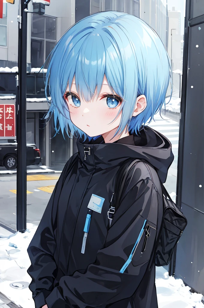 Blue short hair girl。wearing black winter clothes