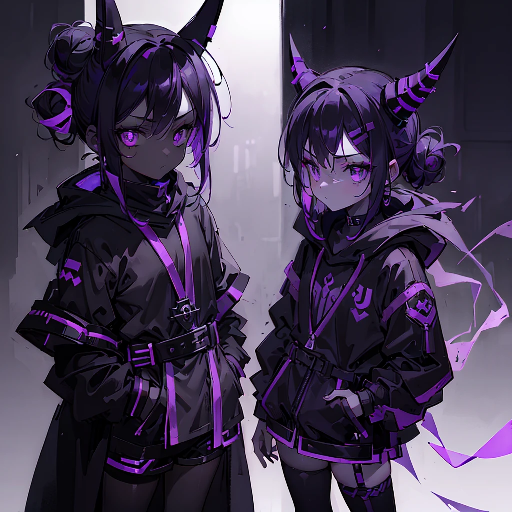 boy. thoughtful look. open forehead. black and purple hair tied in a bun on the left side to one side. sinuous black horns wrapped in dark purple ribbon. pale violet eyes. in short dark purple shorts. long white T-shirt. dark purple knee-high socks. dark purple long cloak with hood