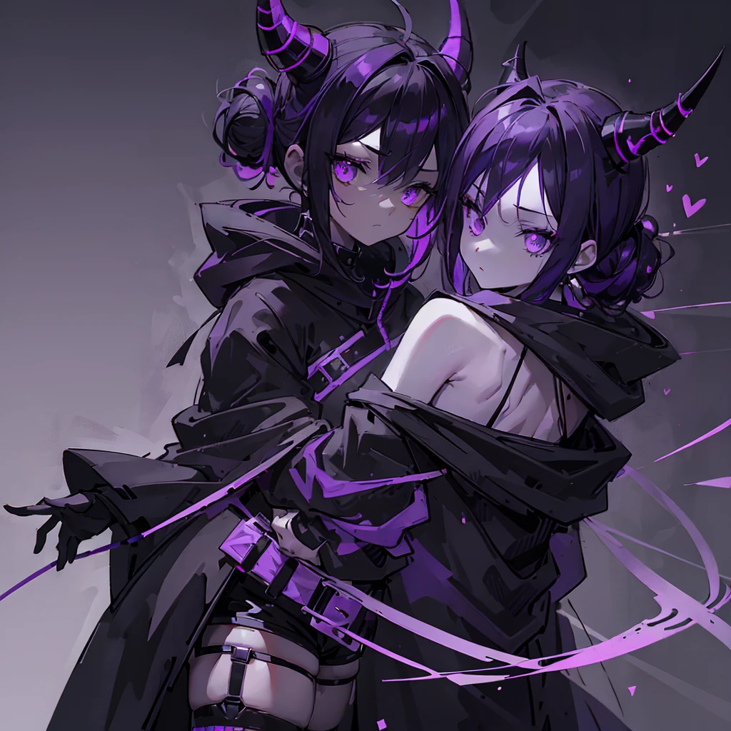 boy. thoughtful look. open forehead. black and purple hair tied in a bun on the left side to one side. sinuous black horns wrapped in dark purple ribbon. pale violet eyes. in short dark purple shorts. long white T-shirt. dark purple knee-high socks. dark purple long cloak with hood