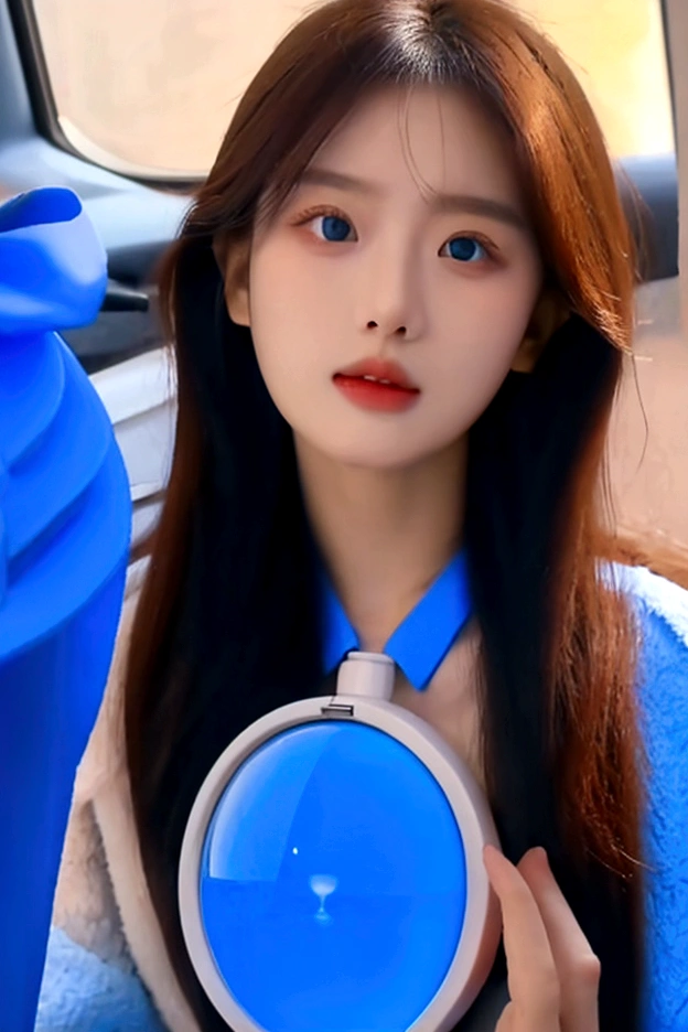 A girl 18 hourglass baby hot and sexy har face oval, eyes big blue color, sharp jawline boom size medium