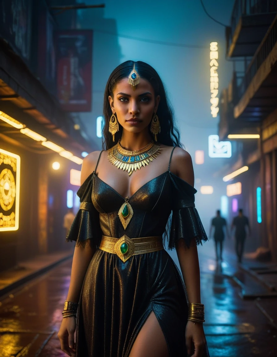 (masterpiece:1.7, best quality, ultra detailed, moonlight lights ratio, ultra realistic:1.3), Cinematic lighting:0.7, full-body portrait of a Brazilian woman with Wiccan (witch) style, wearing a detailed gothic dress with a cropped top, adorned with Egyptian gold jewelry. Sharp focus on her face, perfect eyes:1.5, photorealistic:1.5, film grain, looking at the camera:1.3, emphasize shoulders, foggy, misty, volumetric dust, key light, ray tracing, film grain ISO 800, 16 mm lens, RAW f1.8 aperture, analog photography, HDR colors, (cyberpunk cityscape:1.5), neon lights, futuristic buildings, (deep depth of field:1.3), complex and out-of-focus background, vibrant colors, dark, elegant, and intimidating atmosphere, (Brazilian ethnicity:1.5), (Wiccan elements:1.3), (detailed gothic dress:1.5), (Egyptian gold jewelry:1.5), (cyberpunk elements:1.5), (city at night:1.3), (high-tech gadgets and architecture:1.3), (neon signs and lights:1.3), (moody and atmospheric:1.3), (EULER A method)
